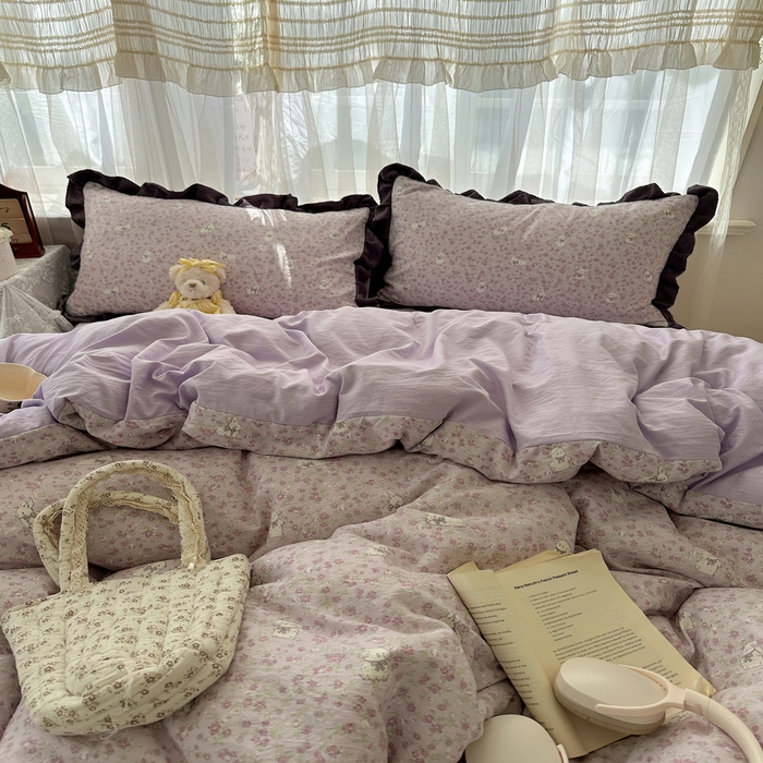 91家纺网 家纺一手货源 找家纺 顾里家纺 2025新款韩系花边皱皱纱四件套 紫樱兔