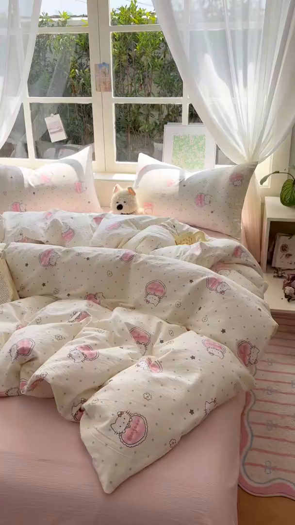 91家纺网 家纺一手货源 找家纺 耀达家居 2025新款木棉A类有氧双层纱四件套小清新碎花床单宿舍三件套 甜糕