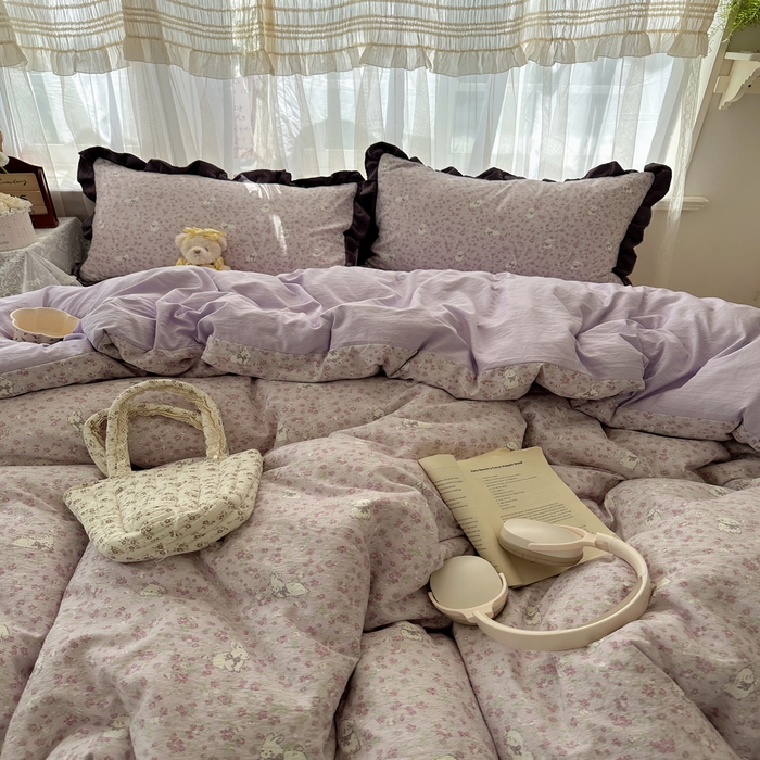 91家纺网 家纺一手货源 找家纺 顾里家纺 2025新款韩系花边皱皱纱四件套 紫樱兔
