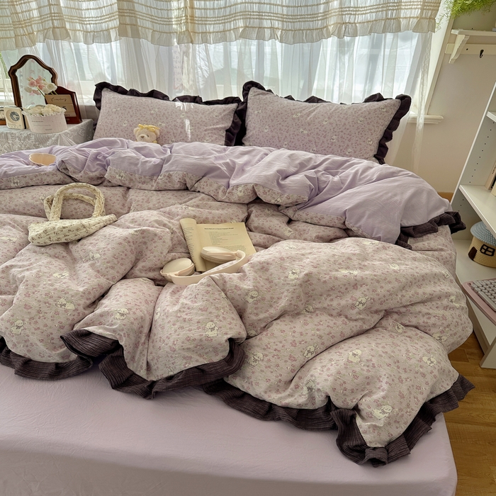 91家纺网 家纺一手货源 找家纺 顾里家纺 2025新款韩系花边皱皱纱四件套 紫樱兔