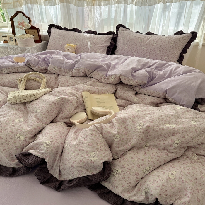 91家纺网 家纺一手货源 找家纺 顾里家纺 2025新款韩系花边皱皱纱四件套 紫樱兔