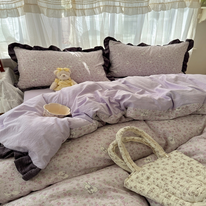 91家纺网 家纺一手货源 找家纺 顾里家纺 2025新款韩系花边皱皱纱四件套 紫樱兔