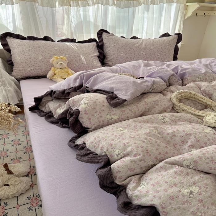 91家纺网 家纺一手货源 找家纺 顾里家纺 2025新款韩系花边皱皱纱四件套 紫樱兔