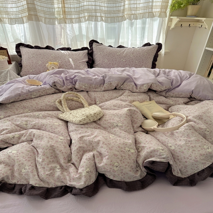 91家纺网 家纺一手货源 找家纺 顾里家纺 2025新款韩系花边皱皱纱四件套 紫樱兔