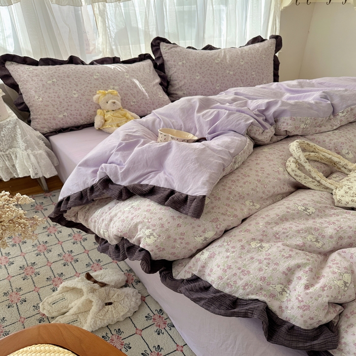 91家纺网 家纺一手货源 找家纺 顾里家纺 2025新款韩系花边皱皱纱四件套 紫樱兔