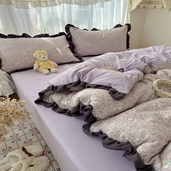 91家纺网 家纺一手货源 找家纺 顾里家纺 2025新款韩系花边皱皱纱四件套 紫樱兔