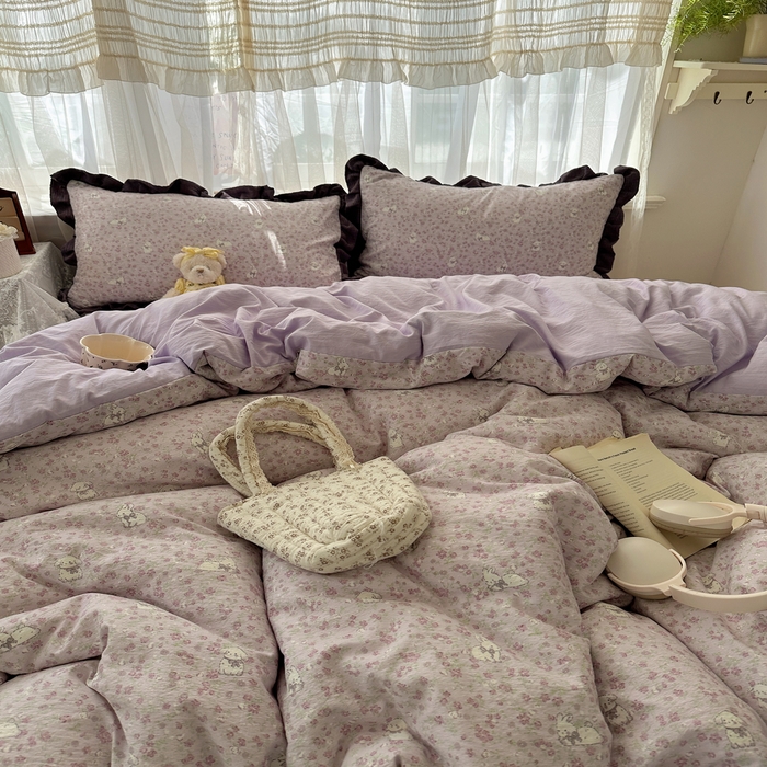 91家纺网 家纺一手货源 找家纺 顾里家纺 2025新款韩系花边皱皱纱四件套 紫樱兔