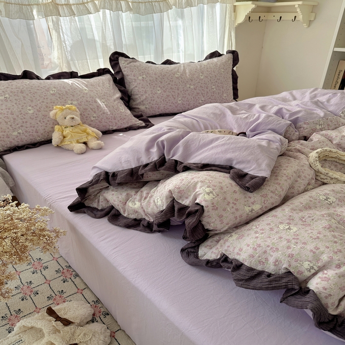 91家纺网 家纺一手货源 找家纺 顾里家纺 2025新款韩系花边皱皱纱四件套 紫樱兔