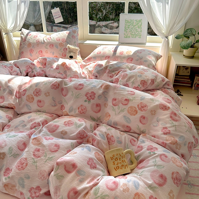 91家纺网 家纺一手货源 找家纺 耀达家居 2025新款木棉A类有氧双层纱四件套小清新碎花床单宿舍三件套 微醺