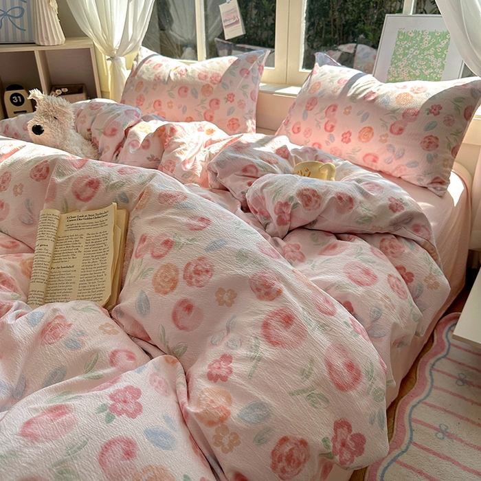 91家纺网 家纺一手货源 找家纺 耀达家居 2025新款木棉A类有氧双层纱四件套小清新碎花床单宿舍三件套 微醺