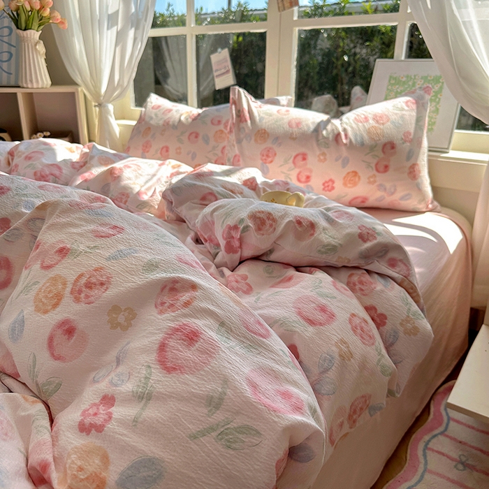 91家纺网 家纺一手货源 找家纺 耀达家居 2025新款木棉A类有氧双层纱四件套小清新碎花床单宿舍三件套 微醺