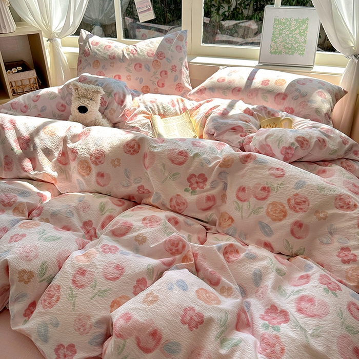 91家纺网 家纺一手货源 找家纺 耀达家居 2025新款木棉A类有氧双层纱四件套小清新碎花床单宿舍三件套 微醺