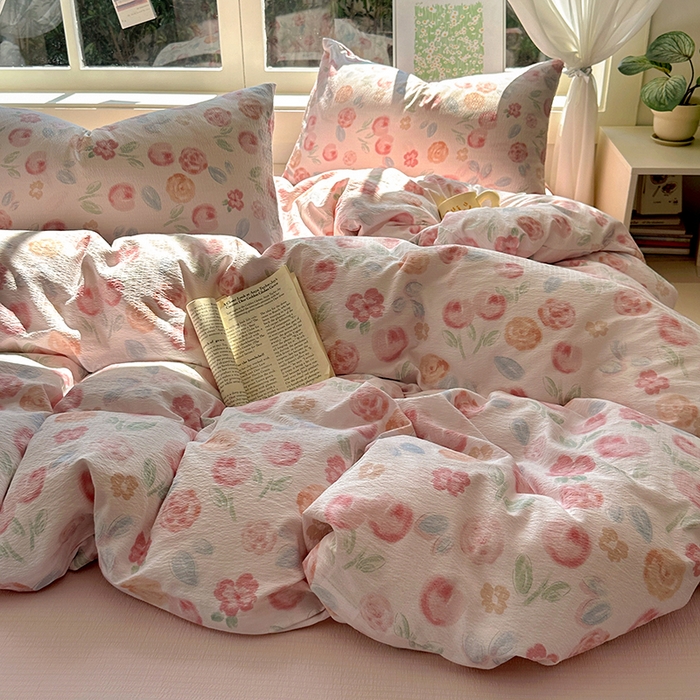 91家纺网 家纺一手货源 找家纺 耀达家居 2025新款木棉A类有氧双层纱四件套小清新碎花床单宿舍三件套 微醺