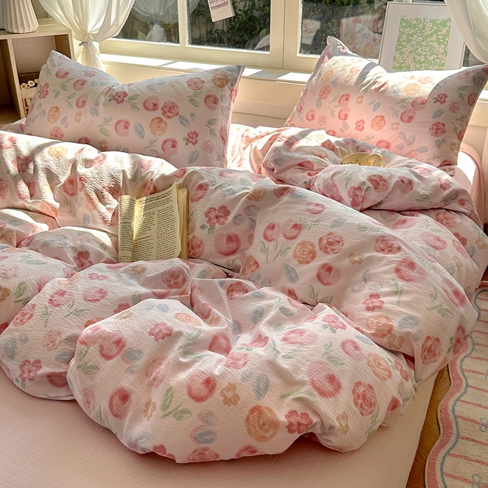 91家纺网 家纺一手货源 找家纺 耀达家居 2025新款木棉A类有氧双层纱四件套小清新碎花床单宿舍三件套 微醺