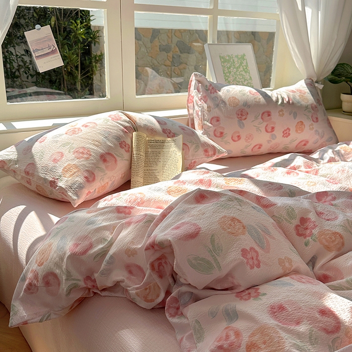 91家纺网 家纺一手货源 找家纺 耀达家居 2025新款木棉A类有氧双层纱四件套小清新碎花床单宿舍三件套 微醺