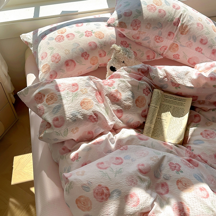 91家纺网 家纺一手货源 找家纺 耀达家居 2025新款木棉A类有氧双层纱四件套小清新碎花床单宿舍三件套 微醺