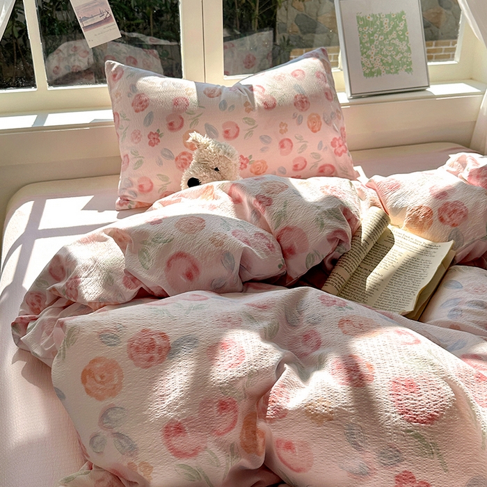 91家纺网 家纺一手货源 找家纺 耀达家居 2025新款木棉A类有氧双层纱四件套小清新碎花床单宿舍三件套 微醺