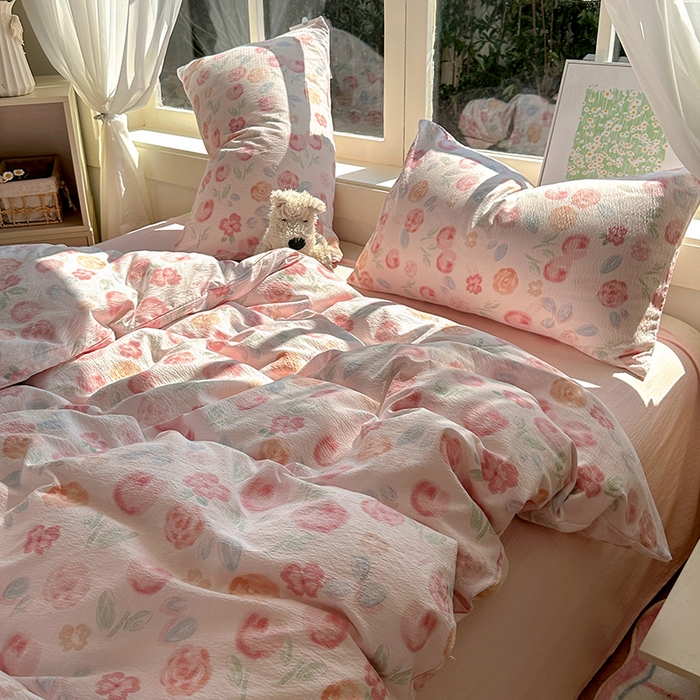 91家纺网 家纺一手货源 找家纺 耀达家居 2025新款木棉A类有氧双层纱四件套小清新碎花床单宿舍三件套 微醺