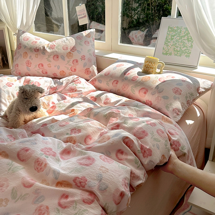 91家纺网 家纺一手货源 找家纺 耀达家居 2025新款木棉A类有氧双层纱四件套小清新碎花床单宿舍三件套 微醺