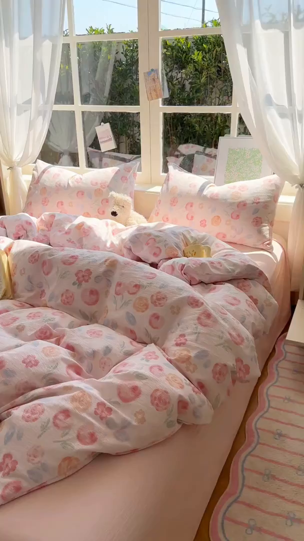 91家纺网 家纺一手货源 找家纺 耀达家居 2025新款木棉A类有氧双层纱四件套小清新碎花床单宿舍三件套 微醺