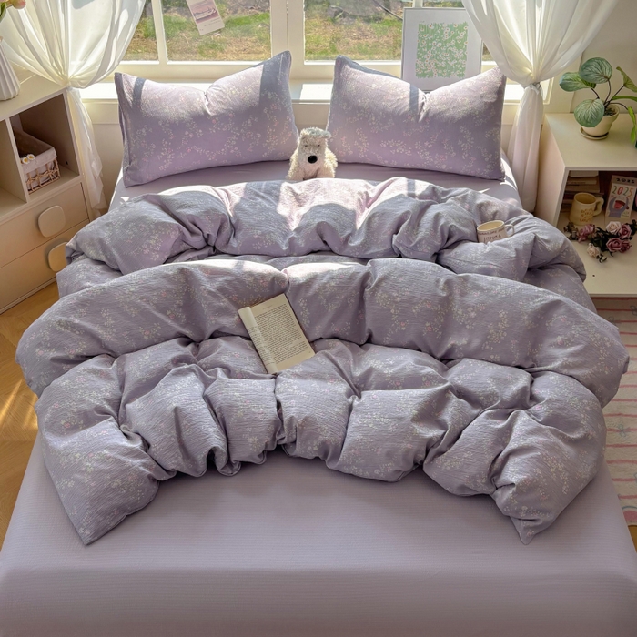 91家纺网 家纺一手货源 找家纺 耀达家居 2025新款木棉A类有氧双层纱四件套小清新碎花床单宿舍三件套 紫苏