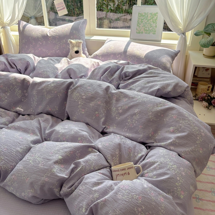 91家纺网 家纺一手货源 找家纺 耀达家居 2025新款木棉A类有氧双层纱四件套小清新碎花床单宿舍三件套 紫苏