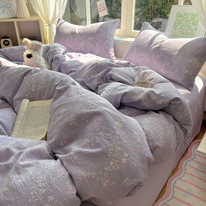 91家纺网 家纺一手货源 找家纺 耀达家居 2025新款木棉A类有氧双层纱四件套小清新碎花床单宿舍三件套 紫苏