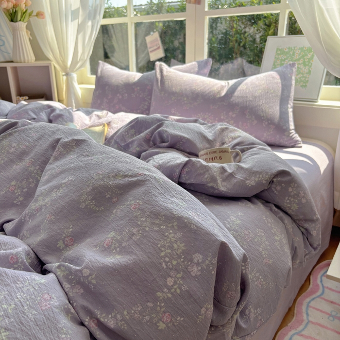 91家纺网 家纺一手货源 找家纺 耀达家居 2025新款木棉A类有氧双层纱四件套小清新碎花床单宿舍三件套 紫苏