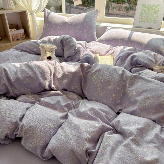 91家纺网 家纺一手货源 找家纺 耀达家居 2025新款木棉A类有氧双层纱四件套小清新碎花床单宿舍三件套 紫苏