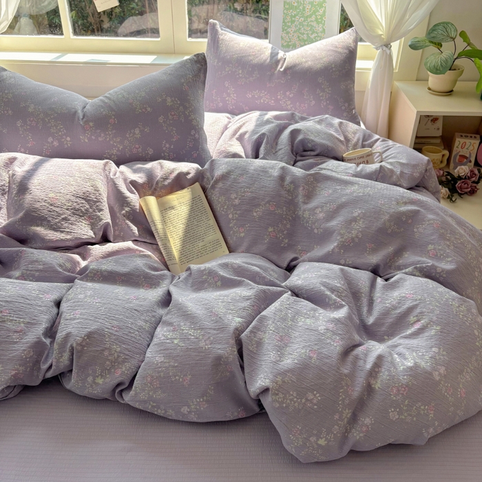 91家纺网 家纺一手货源 找家纺 耀达家居 2025新款木棉A类有氧双层纱四件套小清新碎花床单宿舍三件套 紫苏