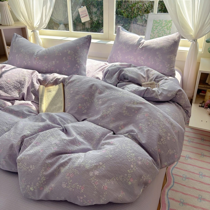 91家纺网 家纺一手货源 找家纺 耀达家居 2025新款木棉A类有氧双层纱四件套小清新碎花床单宿舍三件套 紫苏