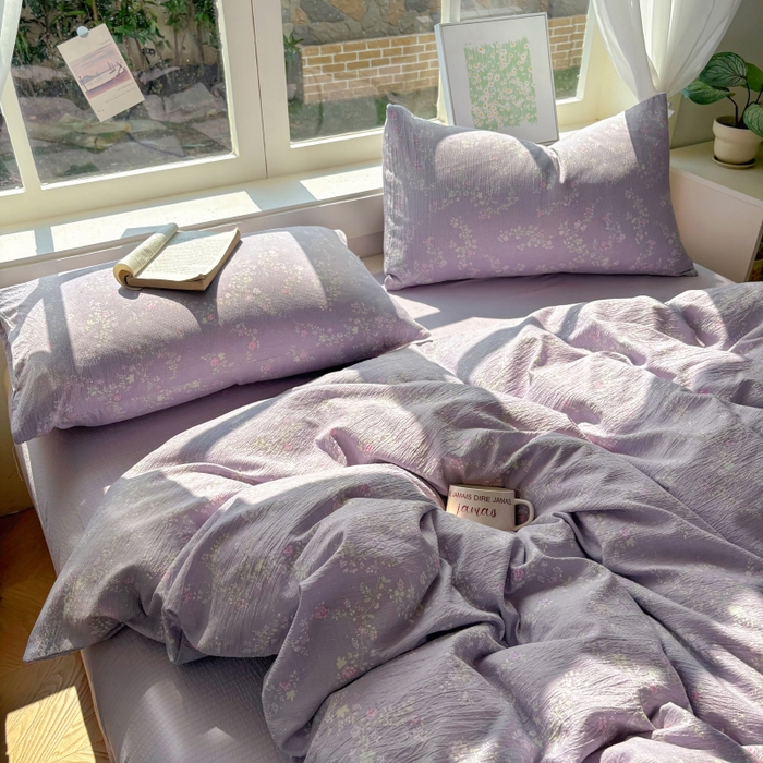 91家纺网 家纺一手货源 找家纺 耀达家居 2025新款木棉A类有氧双层纱四件套小清新碎花床单宿舍三件套 紫苏