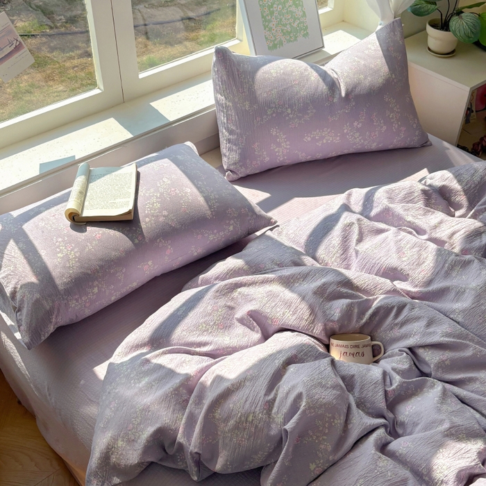 91家纺网 家纺一手货源 找家纺 耀达家居 2025新款木棉A类有氧双层纱四件套小清新碎花床单宿舍三件套 紫苏