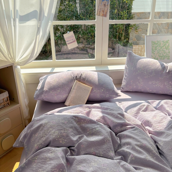91家纺网 家纺一手货源 找家纺 耀达家居 2025新款木棉A类有氧双层纱四件套小清新碎花床单宿舍三件套 紫苏