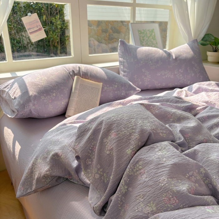 91家纺网 家纺一手货源 找家纺 耀达家居 2025新款木棉A类有氧双层纱四件套小清新碎花床单宿舍三件套 紫苏