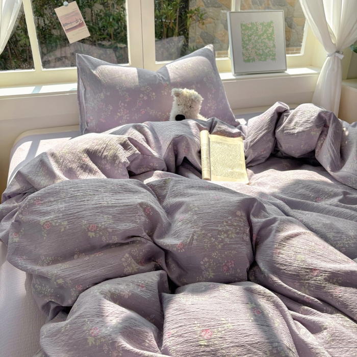 91家纺网 家纺一手货源 找家纺 耀达家居 2025新款木棉A类有氧双层纱四件套小清新碎花床单宿舍三件套 紫苏