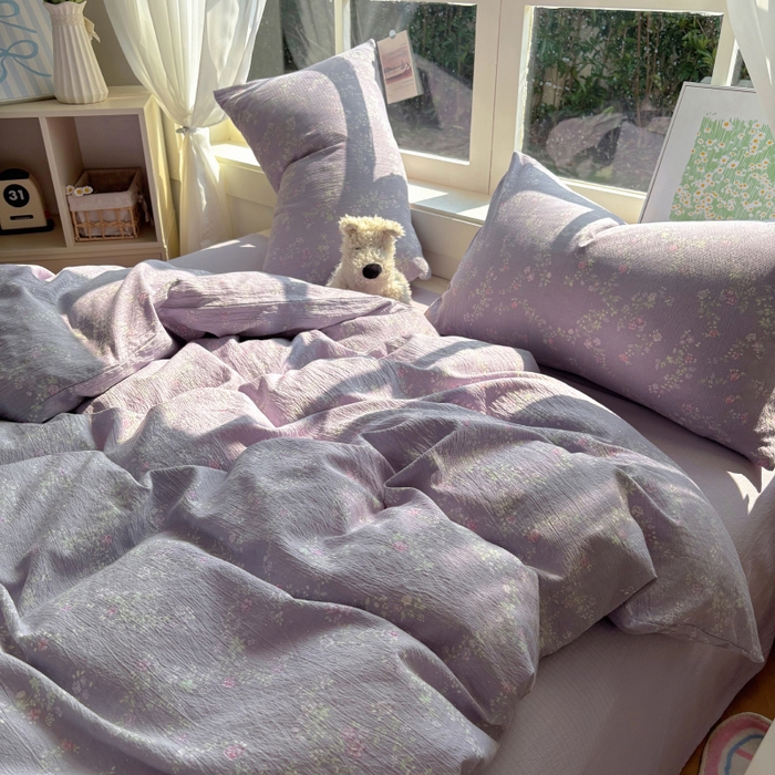 91家纺网 家纺一手货源 找家纺 耀达家居 2025新款木棉A类有氧双层纱四件套小清新碎花床单宿舍三件套 紫苏