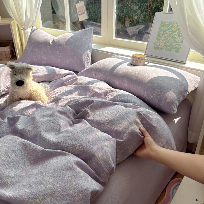 91家纺网 家纺一手货源 找家纺 耀达家居 2025新款木棉A类有氧双层纱四件套小清新碎花床单宿舍三件套 紫苏
