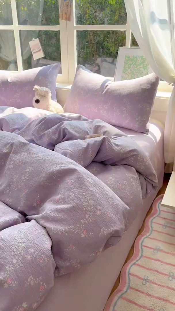 91家纺网 家纺一手货源 找家纺 耀达家居 2025新款木棉A类有氧双层纱四件套小清新碎花床单宿舍三件套 紫苏