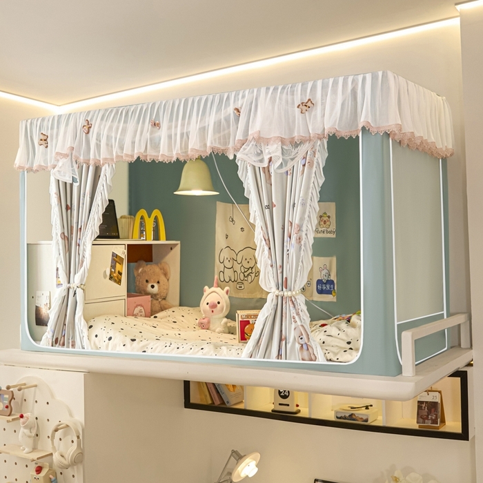 91家纺网 家纺一手货源 找家纺 （总）世婕 2025新款防蚊帐纱植绒遮光帘二合一双层学生蚊帐系列-提花款