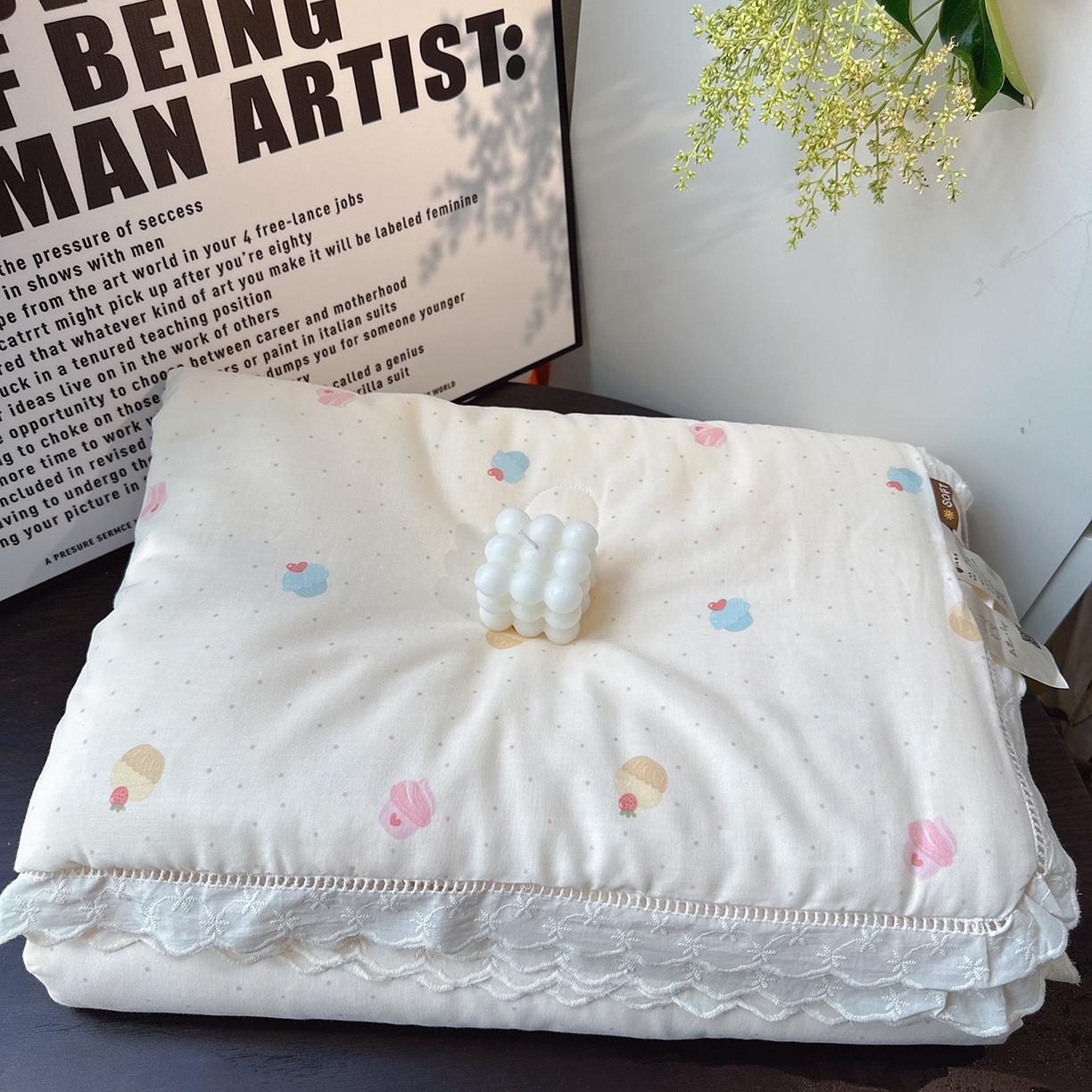 91家纺网 家纺一手货源 找家纺 麦伦家居 2025新款全棉双层纱镂空花边夏被夏凉被空调被-系列二爱心冰激凌黄