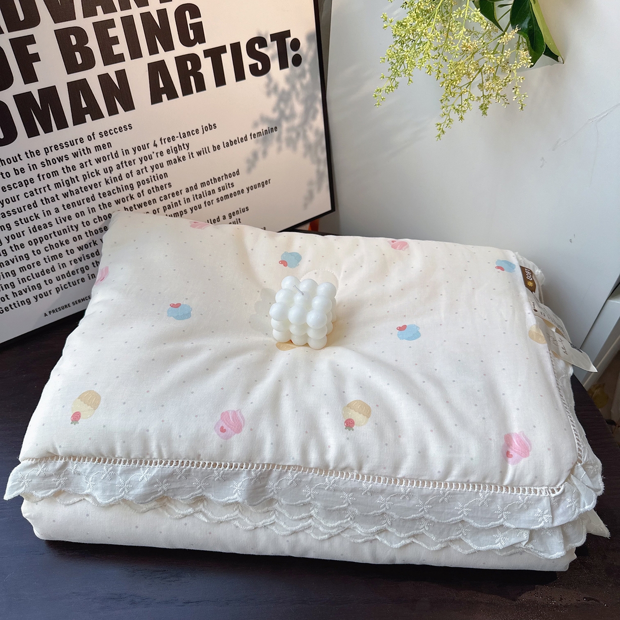 91家纺网 家纺一手货源 找家纺 麦伦家居 2025新款全棉双层纱镂空花边夏被夏凉被空调被-系列二爱心冰激凌黄