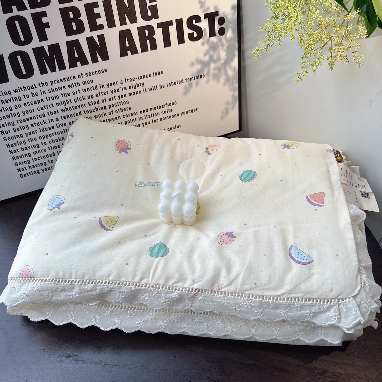 91家纺网 家纺一手货源 找家纺 麦伦家居 2025新款全棉双层纱镂空花边夏被夏凉被空调被-系列二草莓西瓜