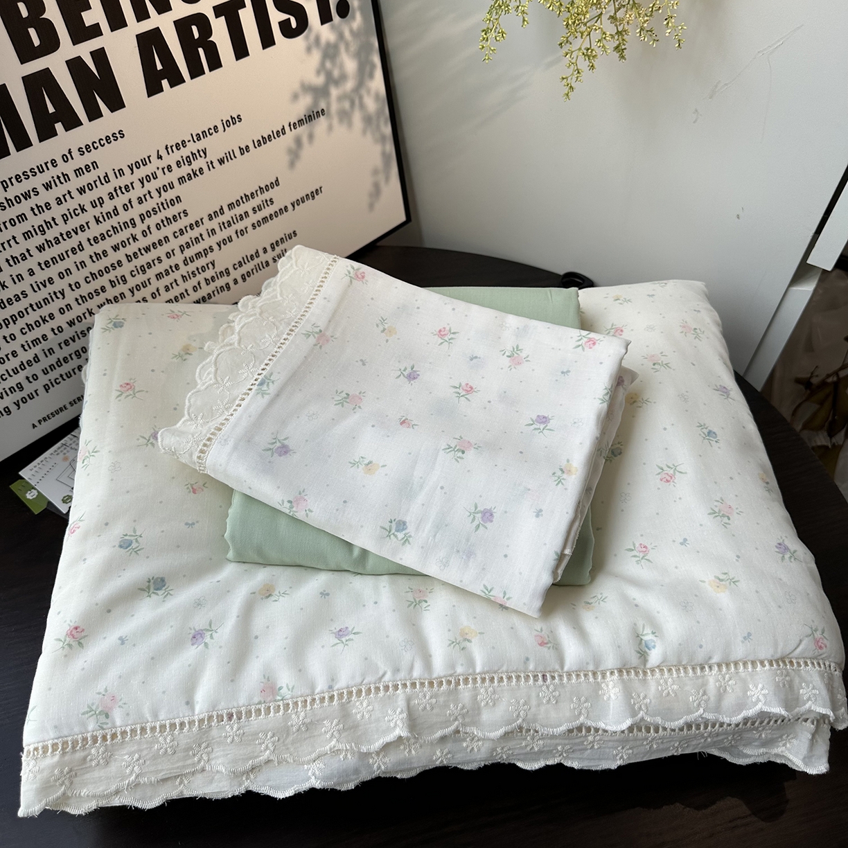 91家纺网 家纺一手货源 找家纺 麦伦家居 2025新款全棉双层纱镂空花边夏被夏凉被空调被-系列二初夏绿