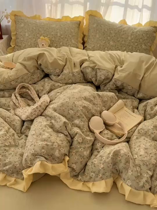 91家纺网 家纺一手货源 找家纺 顾里家纺 2025新款韩系花边皱皱纱四件套 白茶落海