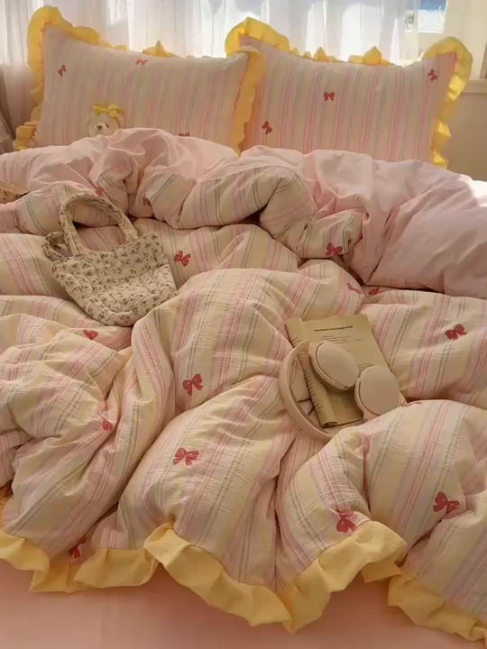 91家纺网 家纺一手货源 找家纺 顾里家纺 2025新款韩系花边皱皱纱四件套 彩虹蝴蝶结