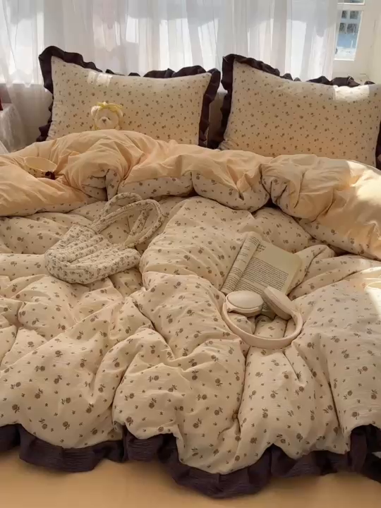 91家纺网 家纺一手货源 找家纺 顾里家纺 2025新款韩系花边皱皱纱四件套 动物园