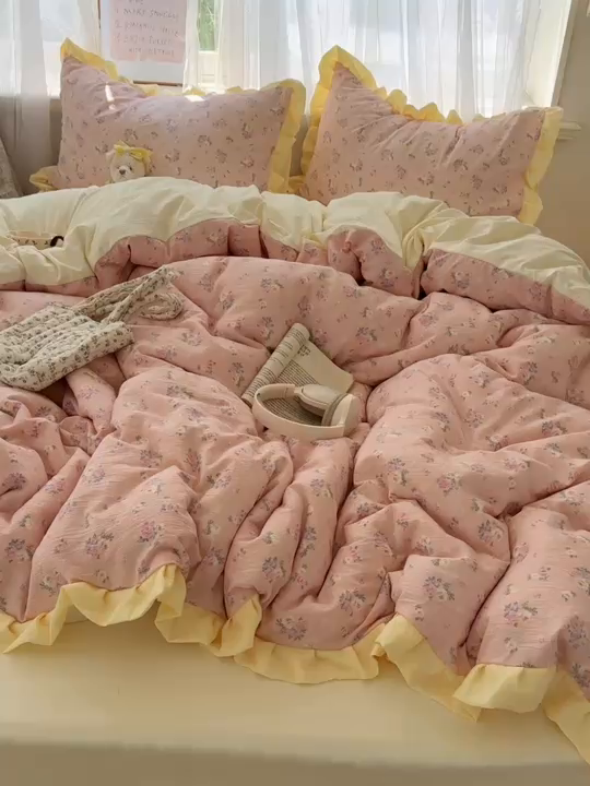 91家纺网 家纺一手货源 找家纺 顾里家纺 2025新款韩系花边皱皱纱四件套 花恋告白