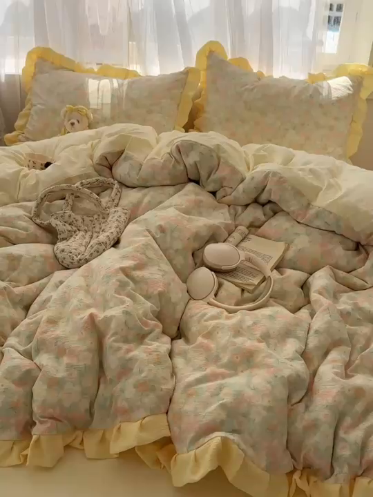 91家纺网 家纺一手货源 找家纺 顾里家纺 2025新款韩系花边皱皱纱四件套 桔梗小屿