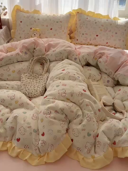 91家纺网 家纺一手货源 找家纺 顾里家纺 2025新款韩系花边皱皱纱四件套 糖果猫咪